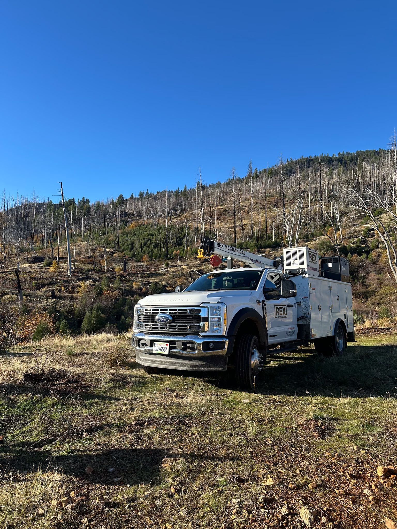 Ford service truck with a bed crane and REX Mechanical decals parked in a burned forest clearing