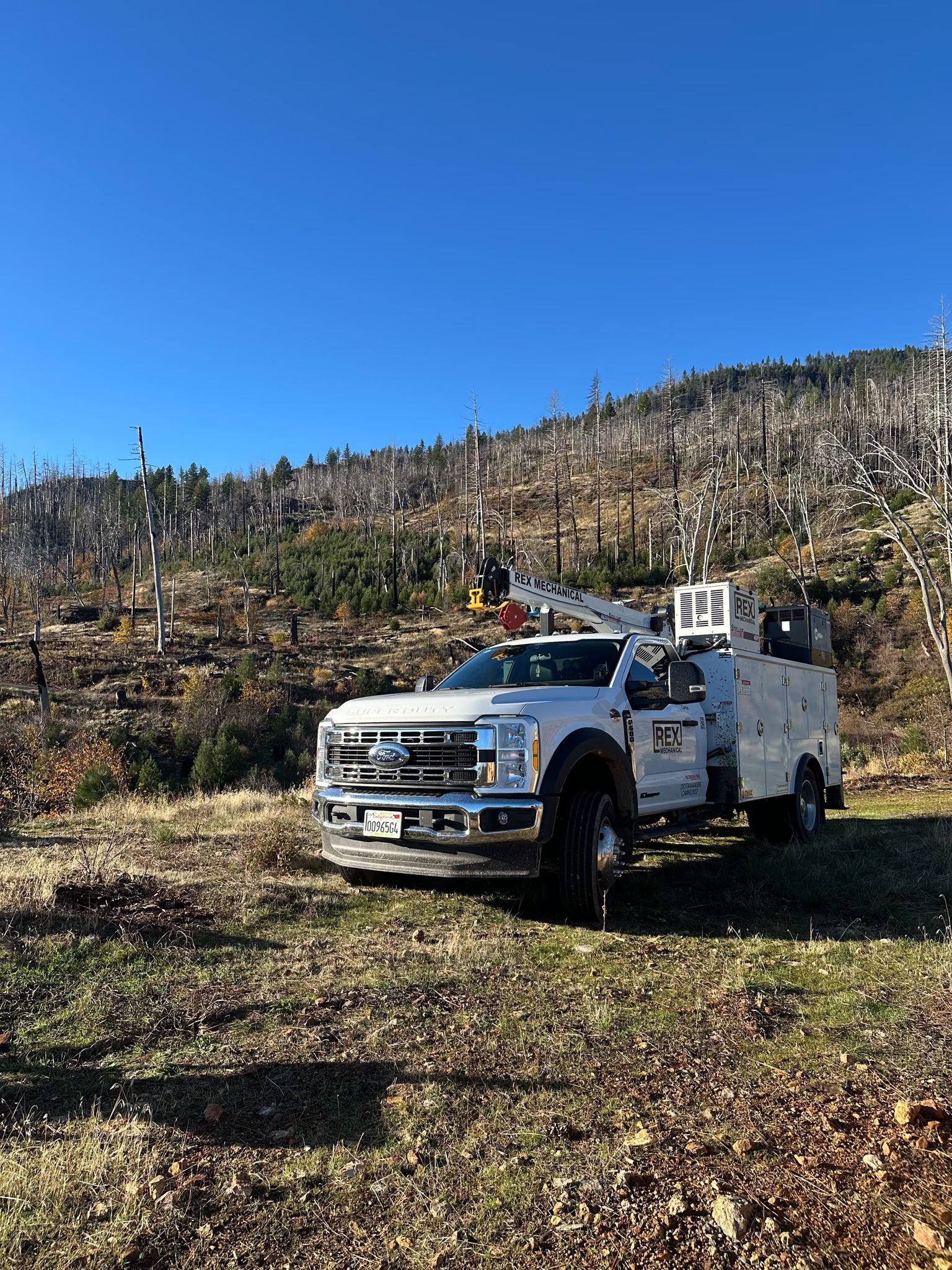 Ford crane service truck lettered REX Mechanical on a hillside of fire-killed timber