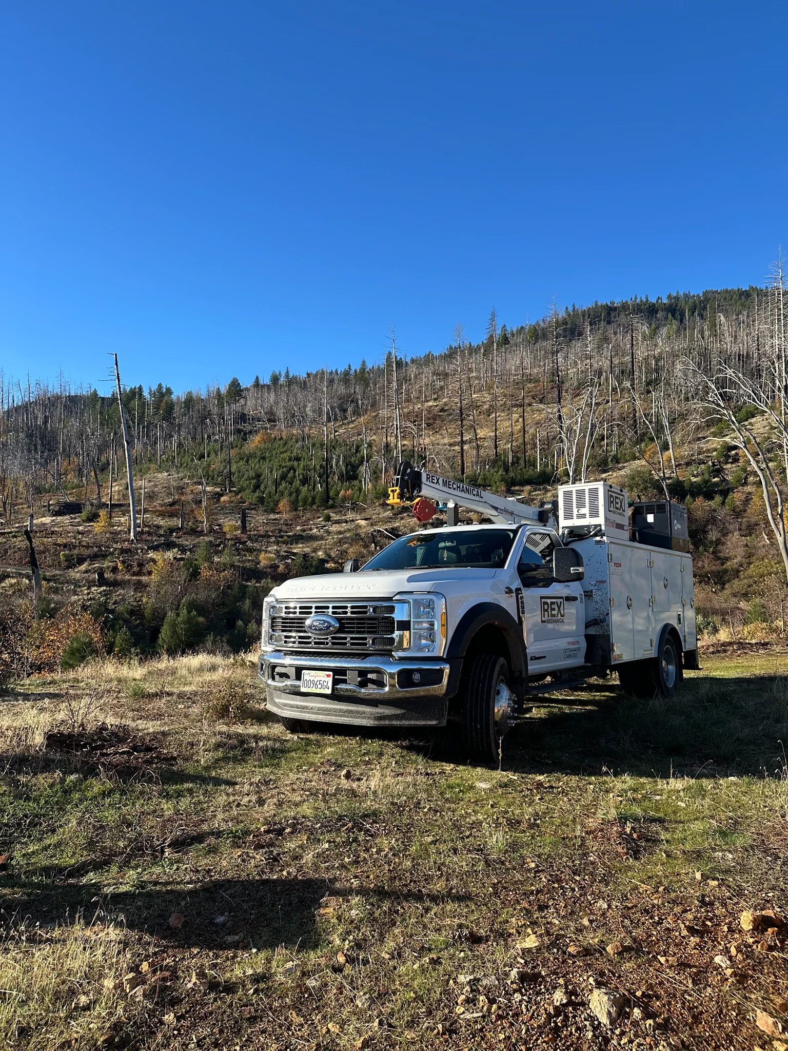 Ford crane service truck lettered REX Mechanical on a hillside of fire-killed timber